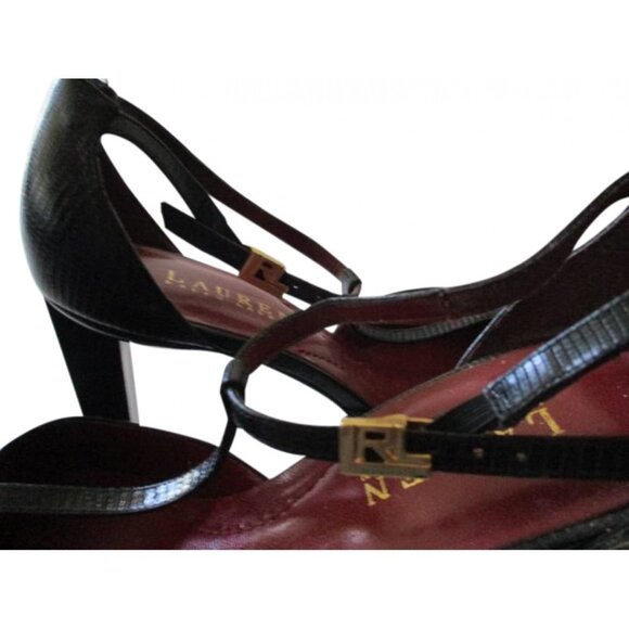 Ralph Lauren Black Leather T-Strap Heels Logo Buckles - Picture 4 of 7